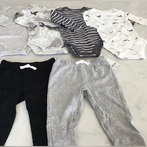 Carters 9-12M lot of 7 pieces 4 onesies + 2 jogger  +1 hoodie white gray black